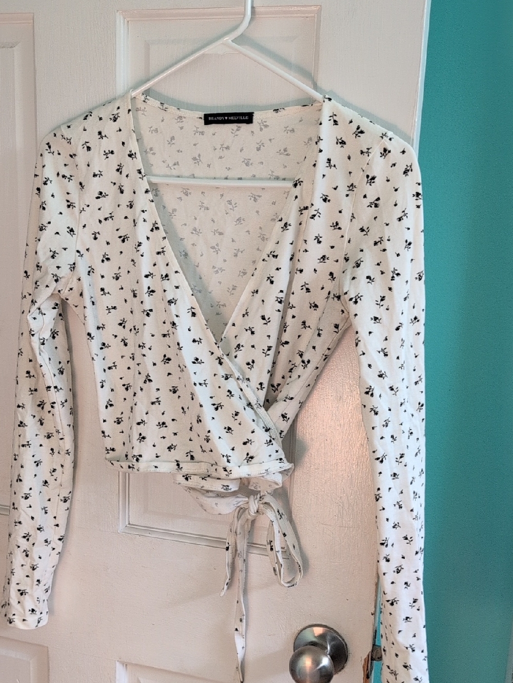 Brandy ❤️ Melville White Wrap Blouse with Black Floral Print